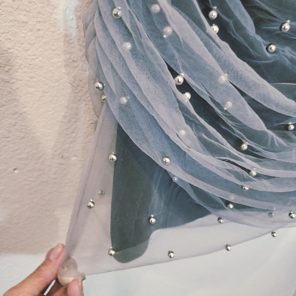 ZARA STRAPPLES TULLE/PEARLS GREY MIDI DRESS WOMENS SIZE LARGE - Picture 6 of 16